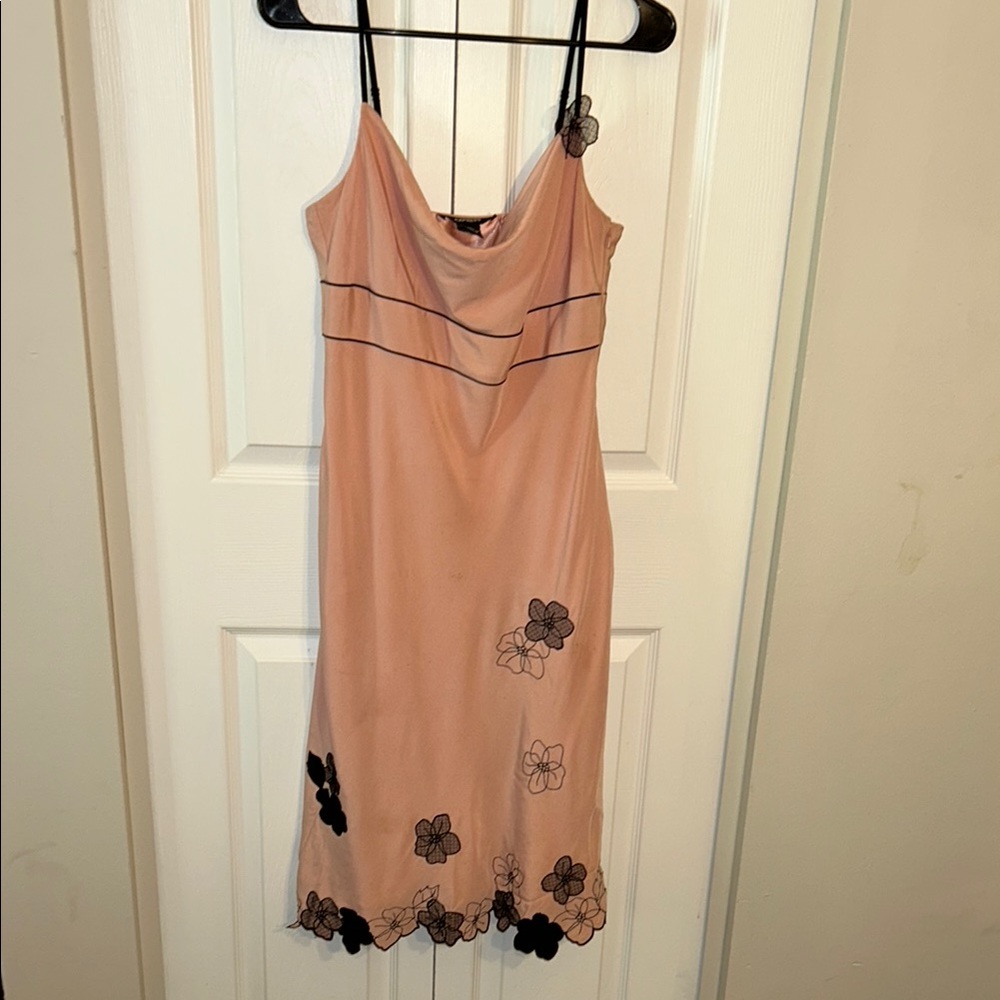 EXPRESS Pink/Black💯silk dress(lt.salmon color)w/black embroidered flowers size 8